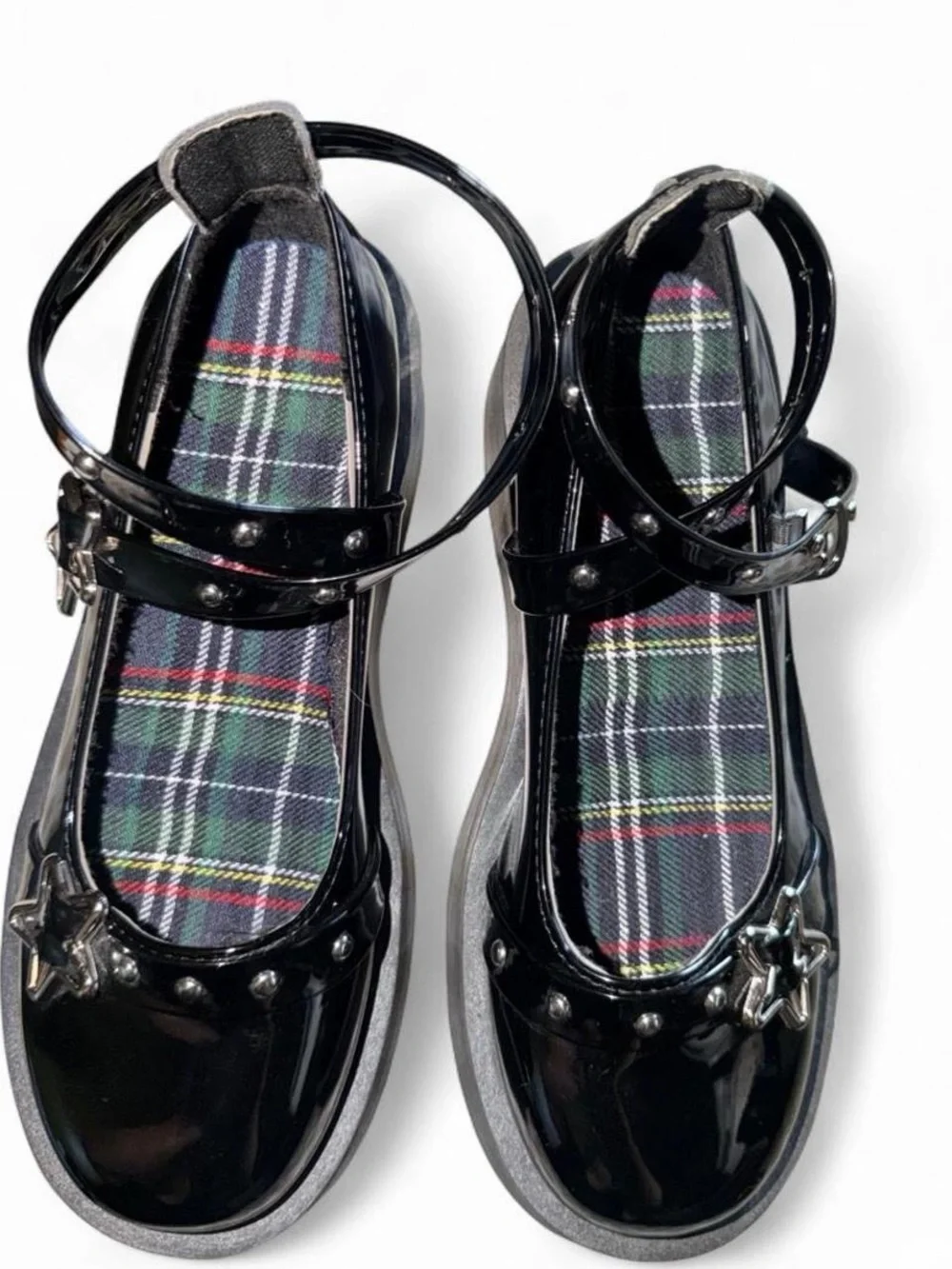 Women’s Black Patent Platform Mary Janes with Star Buckles